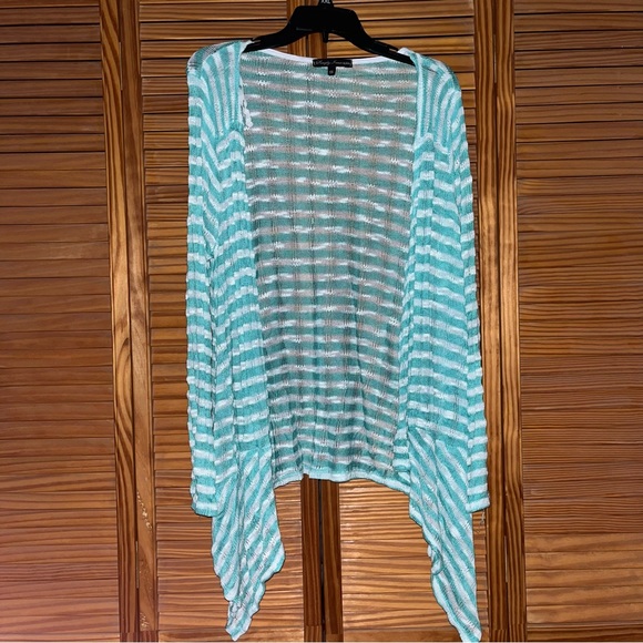 Simply Irresistible Sweaters - Simply Irresistible Green and White Striped Open Front Cardigan Size 1X‎